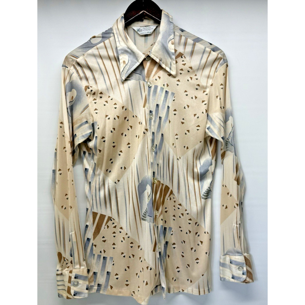 Vintage 70s 80s K-MART Mens Large Beige Silky Fabric Disco Rockabilly Shirt